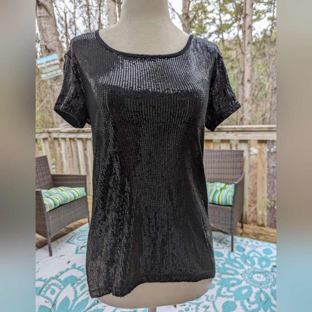 MAX EDITION XS BLACK SHORT SLEEVE SEQUIN SHIRT/TOP IN PERFECT CONDITION 🖤👚🖤